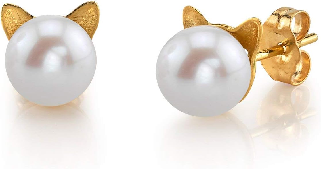 Cat Earrings 14K Gold 7.0-7.5mm Pearl Studs for Women with Freshwater Cultured Pearls - THE PEARL SOURCE