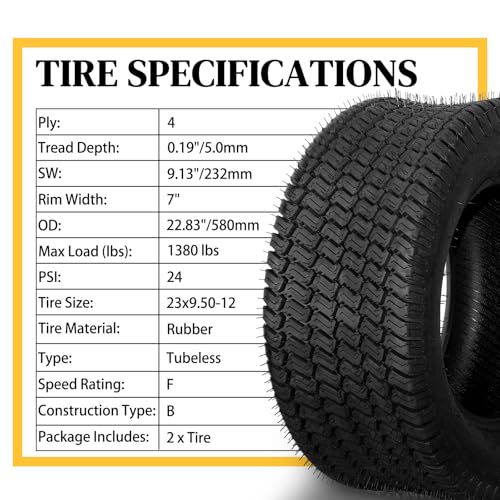 23x9.50-12 Lawn Garden Mower Tractor Cart Tubeless Tires 4Ply Set of 2