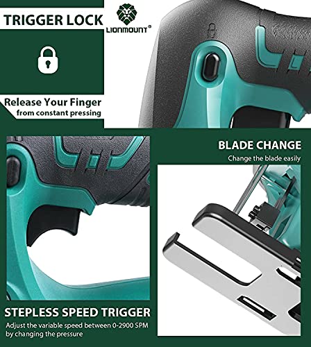 Schnurlose Stichsäge, Lionmount 20 V elektrisches Stichsäge-Set, 2,0 Ah Li-on Akku & Ladegerät, 6 Klingen, 0 ~ 2900 SPM… – Bild 4