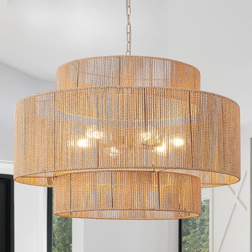 Image of 30.7in Large Rattan Chandeliers, 3-Tier Woven Boho Pendant Lights, Hemp Rope Hanging Ceiling Light, Wicker Lighting Fixture for Living Room, Dining Room, Bedroom, Kitchen Island