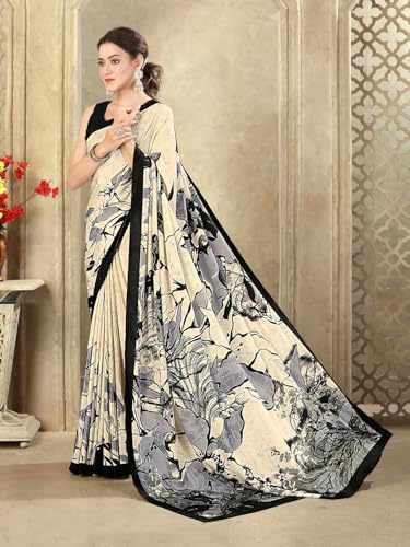 Image of SIRIL Women's Crepe Silk Printed Saree with Unstitched Blouse Piece