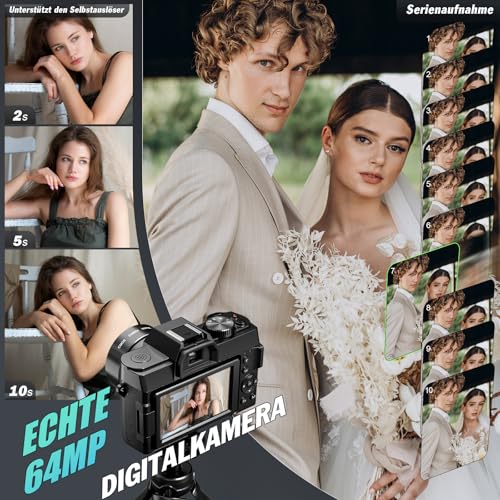 NBD 8K Digitalkamera 64MP mit Autofokus & 16X Zoom, 3" 180° klappbarem Display, WiFi – Inkl. Weitwinkel/Makro-Linse + 2 Akkus + 64GB Karte + Mikrofon (Schwarz) – Bild 3