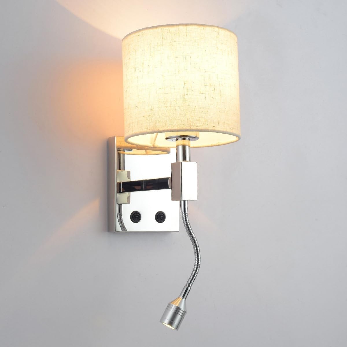 Lámparas de Pared para Dormitorio, cromadas con Pantalla de Tela, 2 Luces con luz de Lectura Ajustable, lámpara de mesita de Noche con cableado Fijo para Dormitorio y Sala de Estar