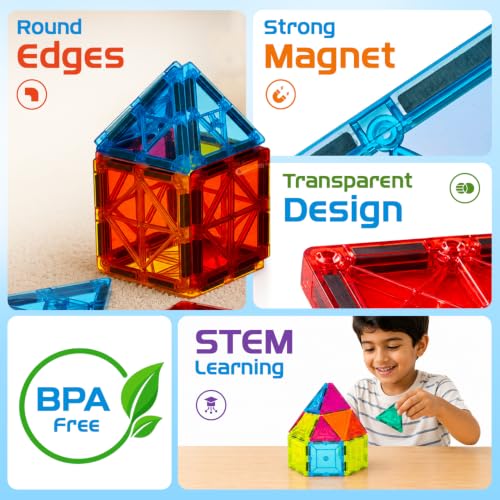 Image of Amazon Brand - Jam & Honey 28 Pieces Magna Tiles Building Blocks for Kids | STEM Toy | Magnetic Toys | Great Birthday Gift | Toys for Kids |Educational & Creative Toy