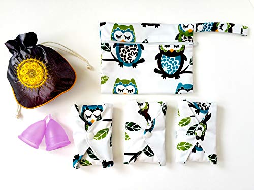 Luna Cup Period Starter Kit Set- 1 Small 1 Large Menstrual Cup 1 Small Pouch 3 Cloth Pads for Women 1 Wet Bag (7 pcs Set)