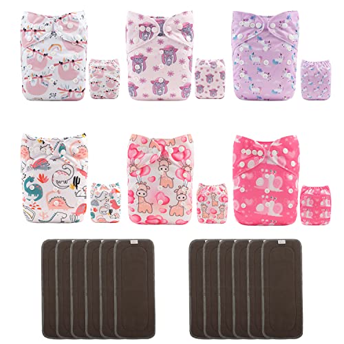 Image of ALVABABY Baby Cloth Diaper 6 Pack with 12 Inserts One Size Cloth Diaper Covers Adjustable Washable Reusable for Baby Girls and Boys