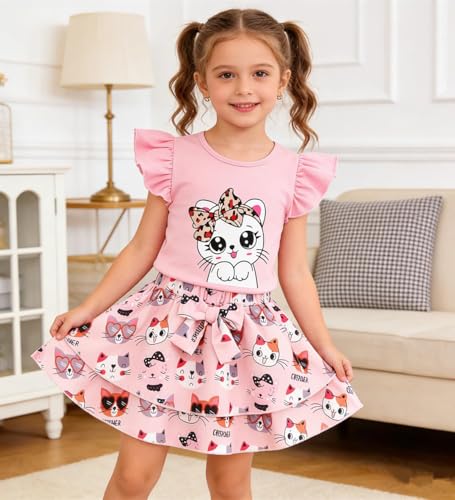 Image of Girls Skirt Set 2 Piece Outfit Toddler Summer Clothes Ruffle Sleeve T-Shirt Bow Knot Tutu Skirt Outfit Set