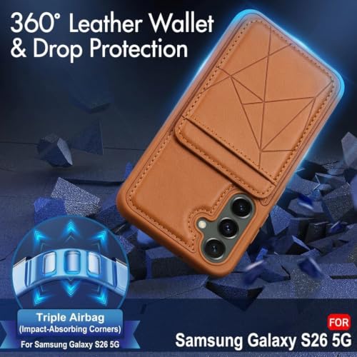 Image of amazon basics Premium Vegan Leather Back Cover with Card Holder and Integrated Mobile Stand for Samsung Galaxy S26 5G - Slim Shockproof Wallet Case with Geometric Stitching [Tan]