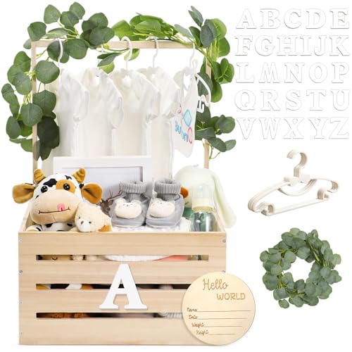 Image of Barydat Wooden Baby Shower Crate Closet Basket with Handle Baby Announcement Sign Garland Hangers Large Letter, Wooden Gift Crate, Letters for Pregnancy New Parent Party(Beige)