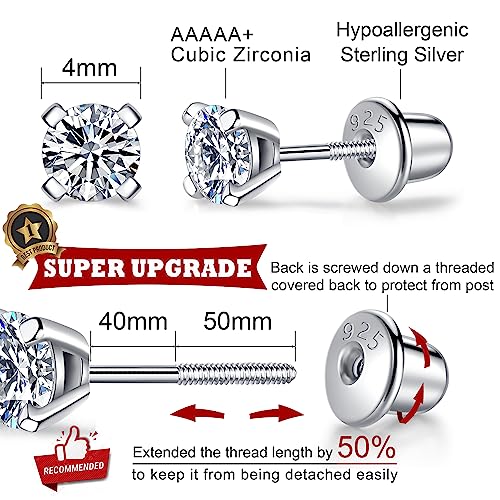 925 Sterling Silver Earrings Stud with Screwback Cubic Zirconia for Women Earring With Screw Backs CZ Hypoallergenic (CZ-White)2