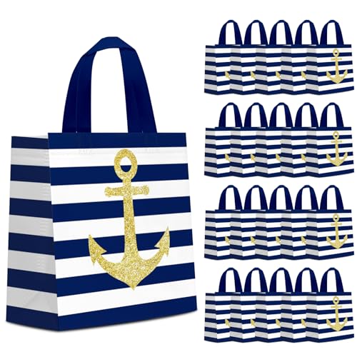 KERINGO 24 PCS Nautical Goodie Bags Cruise Party Favors Non Woven Anchors Candy Bags with Handles Party Decoration Nautical Goody Gift Treat Bags Nautical Themed Birthday Party Supplies