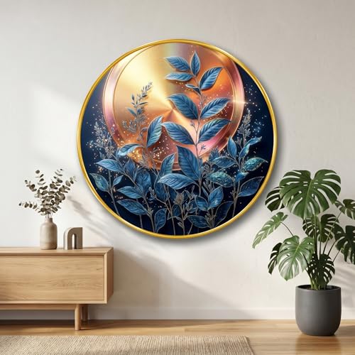 Image of SAF Modern Abstract Leaf Wall Painting with Golden PVC Frame Round Botanical Wall Art Luxury Blue Gold Design for Living Room Bedroom Office Home Decor Gift Item (20 x 20 Inch) GRL-349