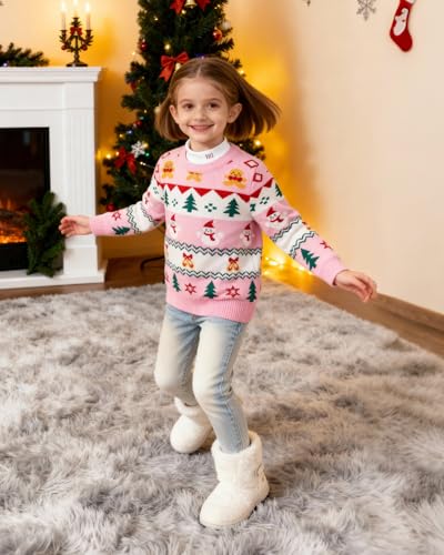 Image of Toddler Christmas Sweater Snowman Girls Knit Crewneck Snowflake Pullover Kids Cute Xmas Pink Clothes Tops 3-7 Years