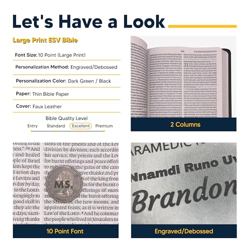 Image of Personalized ESV Large Print Bible for Adults, Name Engraved, Standard Size | Customize Your Olive Green Faux Leather Bible Your Way, Concordance, Thinline, Smyth-Sewn, 2-Column & Thin Paper