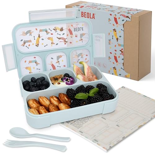 BEOLA Lunch Box for Kids Adults, Multi Compartment Lunch Bento with Magnetic Meal Planner, 3 or 4 Compartment Snack Box, BPA free, with Cutlery Set (Doxie Dots)