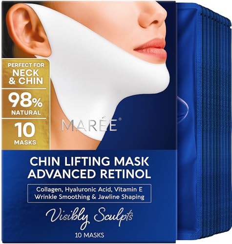 MAREE V Line Lifting Mask Chin Strap - Advanced Retinol Face Lifting Mask &amp; Neck Lift Tape - Double Chin Reducer &amp; Jawline Shaper - Retinol Collagen Facial Masks for Face Lift, Tightening and Firming