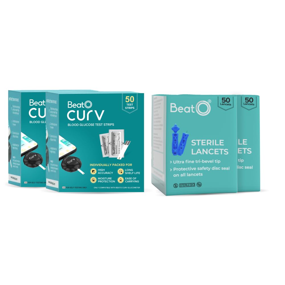 BeatO CURV - Blood 100 Glucose Test Strips & 100 Lancets