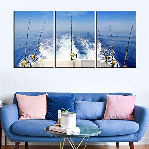 Wall Art For Living Room Fishing Gears And Fisherman Boat Pictures Blue Seascape Paintings Premium Quality Artwork On Canvas Bedroom House Decor Framed Ready To Hang Posters And Prints(60''Wx28''H) #TOP1