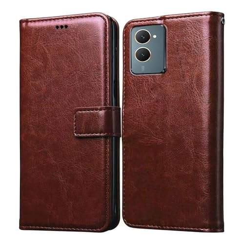 Image of Vintage Magnatic Closer Matte Leather Flip Cover for Compatible Model with Vivo V2356 / Y18 / iQOO Z9 Lite - Tan Brown