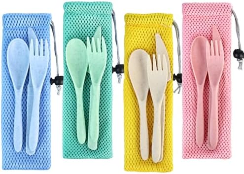 WVD 4 Sets Utensil Set with Protective Bag, Reusable Plastic Travel Cutlery Set, Portable Forks Spoons Knife Flatware Set, Camping Utensils for School Lunch Box, Picnic, Daily Use