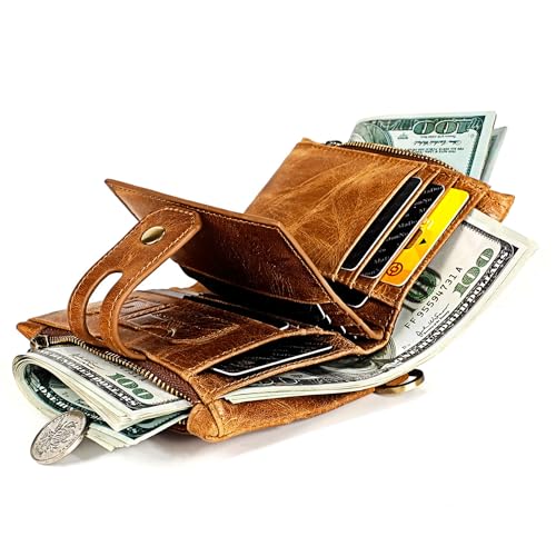 Small Wallet Women Leather Chain Compact Card Holder Zipper Pocket Wallet RFID Blocking Card Case Purse with ID Window(brown)2