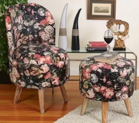Image of Ottoman for Living Room, Velvet Round Foot Rest Stool, Wooden Legs Chair for Sitting, Ottoman for Bedroom & Makeup Room Decor | Chair (18 inchx18 inchx32 inch), Puffy (16 inchx16 inchx17 inch) | Black Rose
