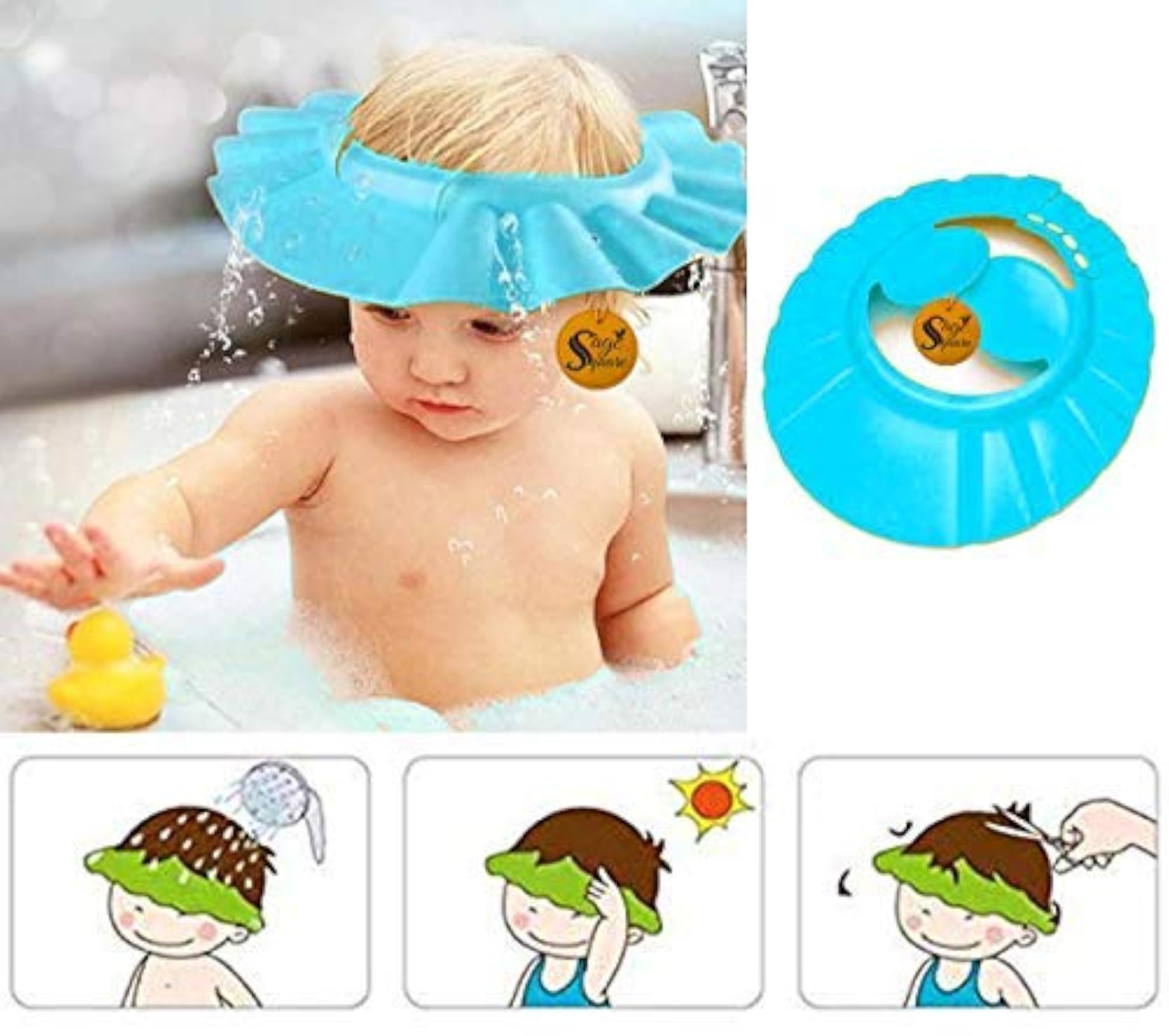 Adjustable Soft Bathing Baby Shower Cap with Ear Protector, Blue