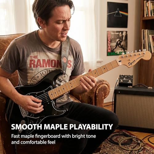 Image of Fender Squier Sonic Stratocaster HSS - Black Bundle with Mustang Micro Headphone Amplifier, Instrument Cable, Tuner, Strap, Picks, and Austin Bazaar Instructional DVD