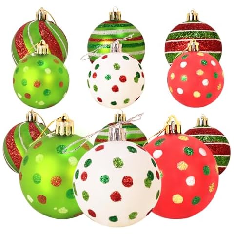 DNIEBW Grinch Christmas Decorations 12 Pcs Christmas Tree Ball Ornaments Glittering Plastic Hanging Bling Elf Balls Swirl Candy Cane Red Green Christmas Ornaments for Xmas Tree Decoration 2.3 Inch Cover