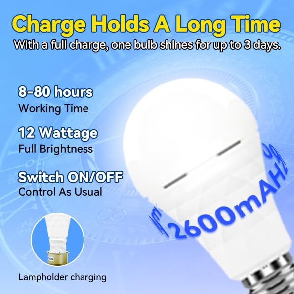 neporal lite pro rechargeable light bulbs, 2600mah large battery backup light bulbs, socket rechargeable emergency lights for home, hurricane prepareness item, e26/e27 (white-2600mah) white 4 count (2600mah)