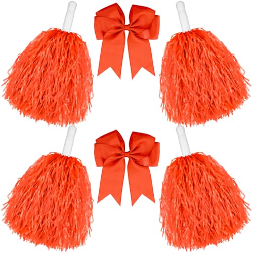 Lot pom-pom girls rouge 6 pièces comprenant 4 pompons de danse et 2 nœuds