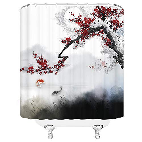Jingjiji Japanese Asian Shower Curtain Cherry Blossom Tree Chinese Oriental Red Plum Flower Ink Painting Traditional Anime Carp Fish Grey Bathroom Decoration Polyester Fabric With Hook 70 X 70 Inch #TOP2