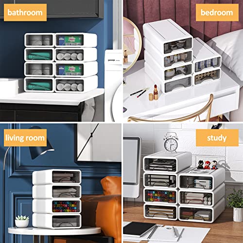 Vinteky Schubladenbox, Stapelbare Mini Aufbewahrungsbox aus hochwertigem Kunststoff (PP), Sichtbar Schubladenschrank Schubladencontainer für Büro/Wohnzimmer/Schlafzimmer, 35 x 26 x 17,5cm, Weiß