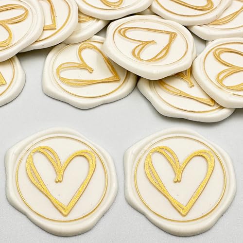 Wax Seal Stickers for envelopes (Pack of 25) | White w/Gold Heart Envelope Sticker Seals | Hand-Painted Stationary Sticker Pack | Durable, Ideal Wax Seal Stamp Stickers for Gifts w/Adhesive Backs