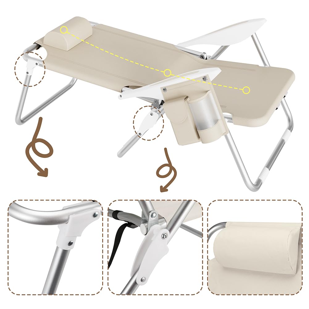 BAKAJI Sedia Pieghevole da Spiaggia in Alluminio con Tasca e Borsa Termica (Beige)