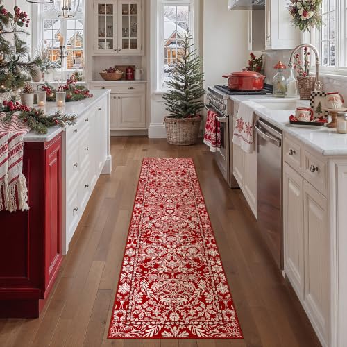 PureCozy Christmas Runner Rug 2.6x10 for Hallway Red Non-Slip Carpet