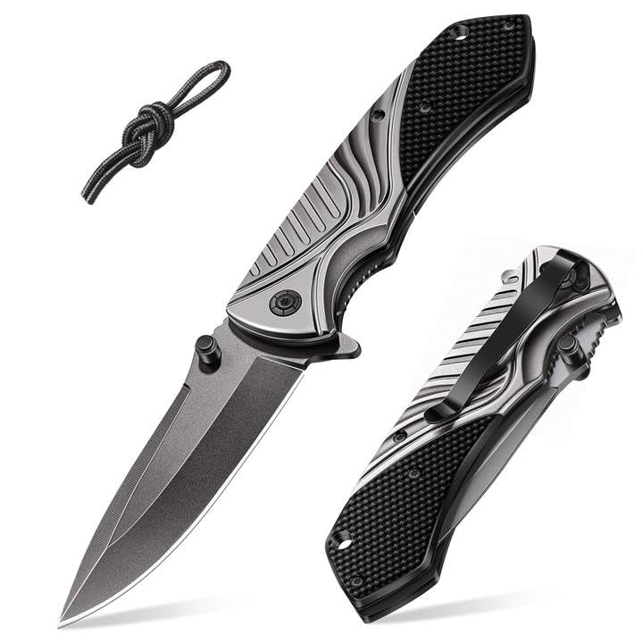 ISEYOU Couteau Pliant avec Revêtue de Titane, Couteau de Poche de Acier Inoxydable 3Cr13 avec Brise-Vitre, Couteau de Survie avec Clip de Poche pour Camping, EDC,...