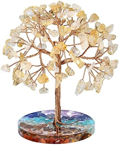 Nupuyai Rose Quartz Crystal Money Tree with 7 Chakra Base, Energy Healing Good Luck Tree Figurines Fengshui Crystals Ornament for Home Office Decor