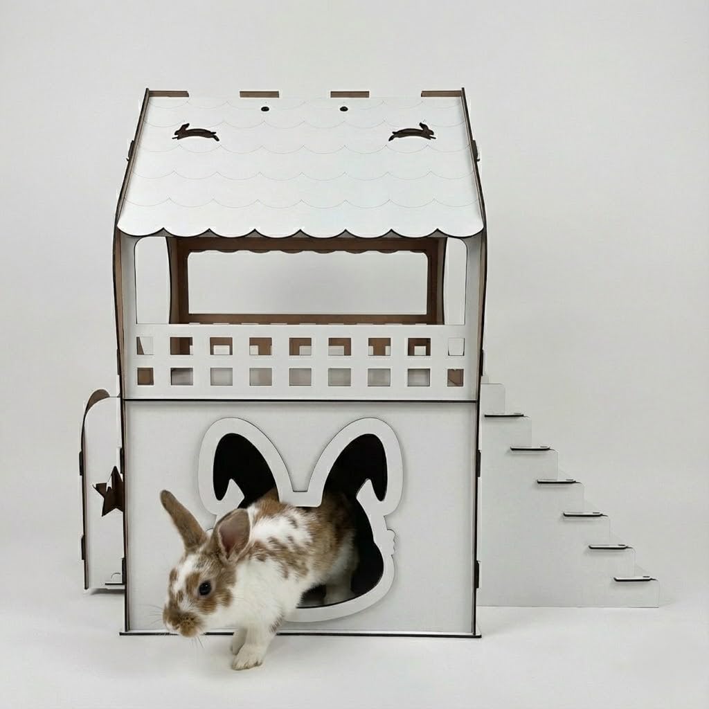 Casetta per Conigli per Interni, Bianca, 2 Livelli XL, Moderna Casetta per Piccoli Animali da Interno, con Pendenza e Balcone, Scatola per Mangiatoia, Accessori Conigli Nani