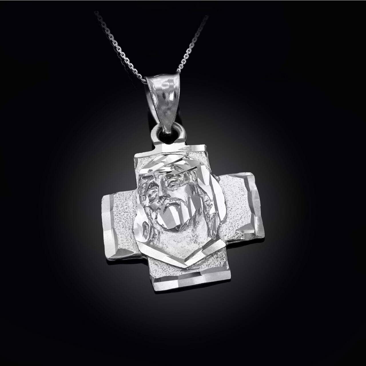 Classic .925 Sterling Silver Retro Jesus Face Cross Christian Pendant Necklace in Solid Gold Choice of Pendant Only or Necklace Chain Length