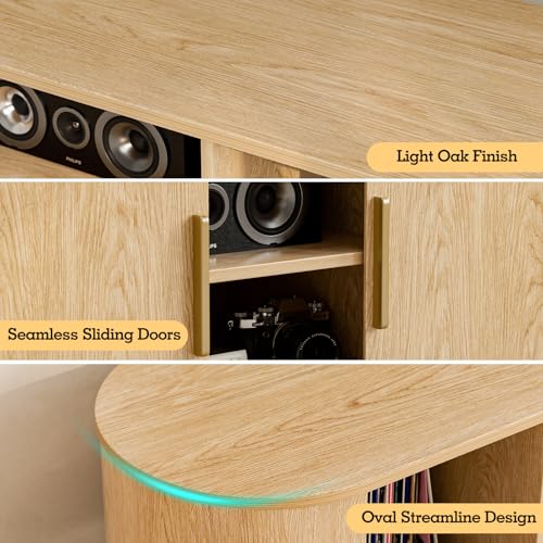 Image of ZttRiee TV Stand with Sliding Doors for TVs up to 60 inch, Modern, Natural | 55 inchW x 18.5 inchH x 15.7 inchD, 200 lbs top / 50 lbs shelf, 2 central shelves & 2 side cabinets, rounded corners, ~60 min assembly