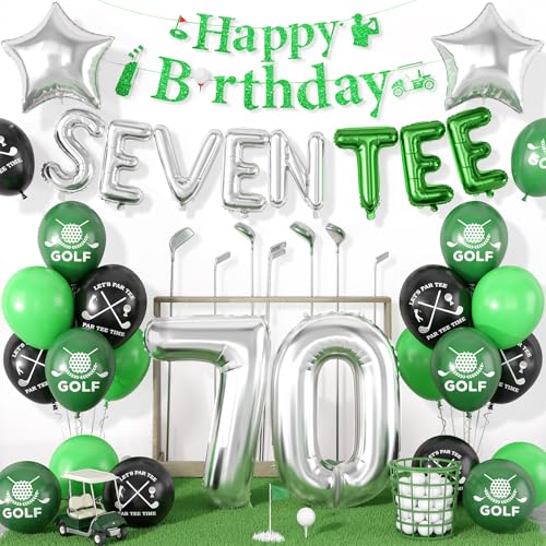 Image of 70th Birthday Decorations for Men,70th Golf Themed Party Decorations Gifts for Men Him with Golf Print Balloons,70 Number Balloons,Happy Birthday Banner,SEVEN-TEE Banner,70 Foil Balloons