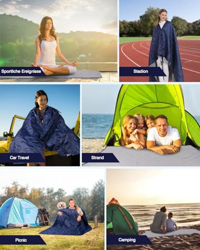 wasserdichte Picknickdecke Fleecedecke mit Hut, Groß Tragbare Decke für Camping, Stadion, Strand, Auto, Sofa, Yoga, kaltes Wetter, Reisedecke Ultraleicht Warm Winddicht Sandfest, 145 x 190 cm, Blaue