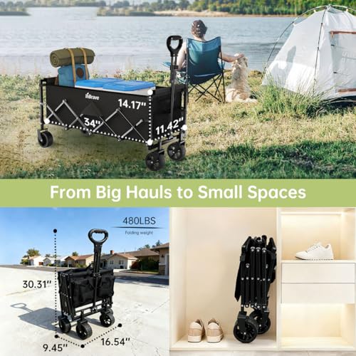 image for InBrave Extra Long Collapsible Wagon Cart, 480LBS Heavy Duty Utility W
