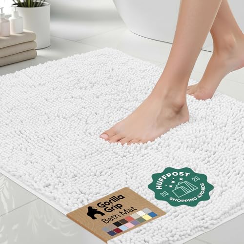 GORILLA GRIP Bath Rug Mat 54x24, Thick Soft Absorbent Chenille, Quick Dry Microfiber Mats, Rubber Backing Washable Shower Floor Rugs, Bathmat Runner, US Designed Bathroom Home Decor Accessories White