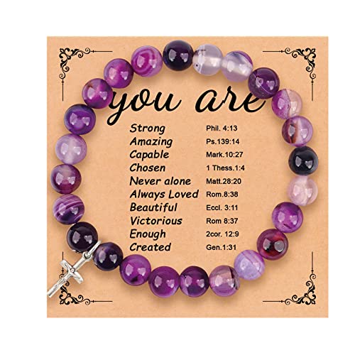 Nilesr Christian Gifts For Women, Inspirational Gifts Natural Stone Cross Bracelet With Bible Verse Prayers Card Religious Gifts For Women Teen Girls Friends (D-Purple) #TOP1