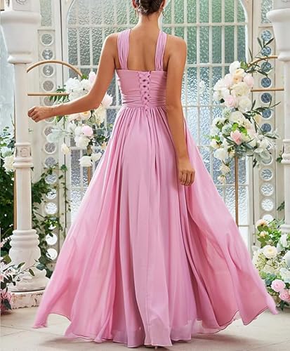 Rjer Chiffon Halter Bridesmaid Dresses Women's A Line Pleated Long Evening Formal Gowns2