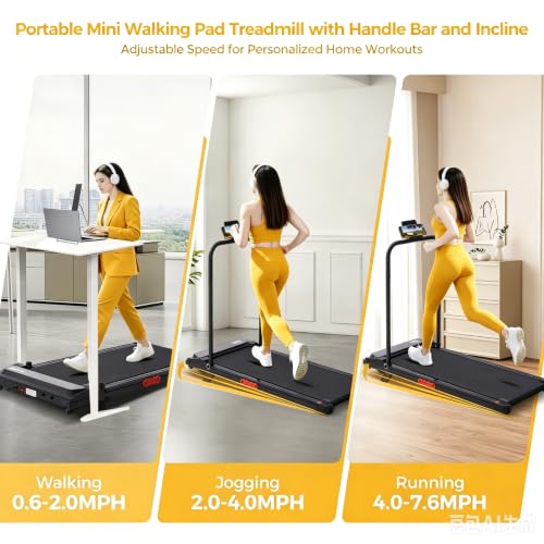 Image of Walking Pad Treadmill with Handle Bar and Incline for Home Small | Portable Walking Pad Treadmill with Handles and Incline, 3.0HP Electric Under Desk Treadmills for Home, 0.6-7.6MPH, 350LBS