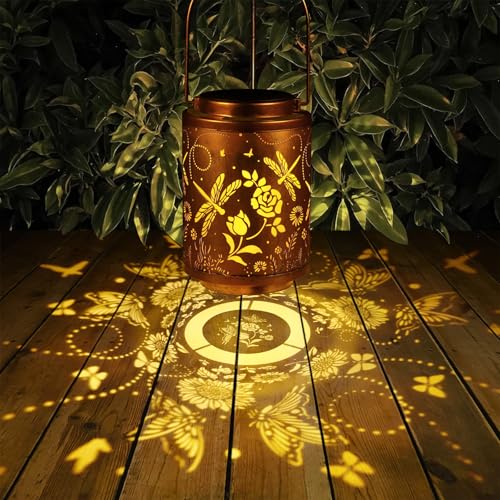 Image of 2 Pack Solar Lanterns Garden Decor Birthday Gifts for Women Mon Grandma Metal Hanging Solar Lights Waterproof Outdoor Decoration for Outside LED Lanterns for Yard (Dragonfly)