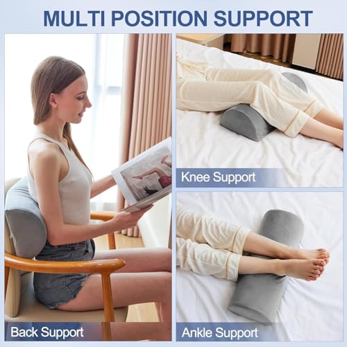 Image of CUSHIO Semi Roll Bolster Pillow | Memory Foam Half Moon Bolster Support Cushion for Neck, Back, Knees & Legs | Ergonomic Orthopedic Pillow with Soft Velvet Cover (Light Grey)